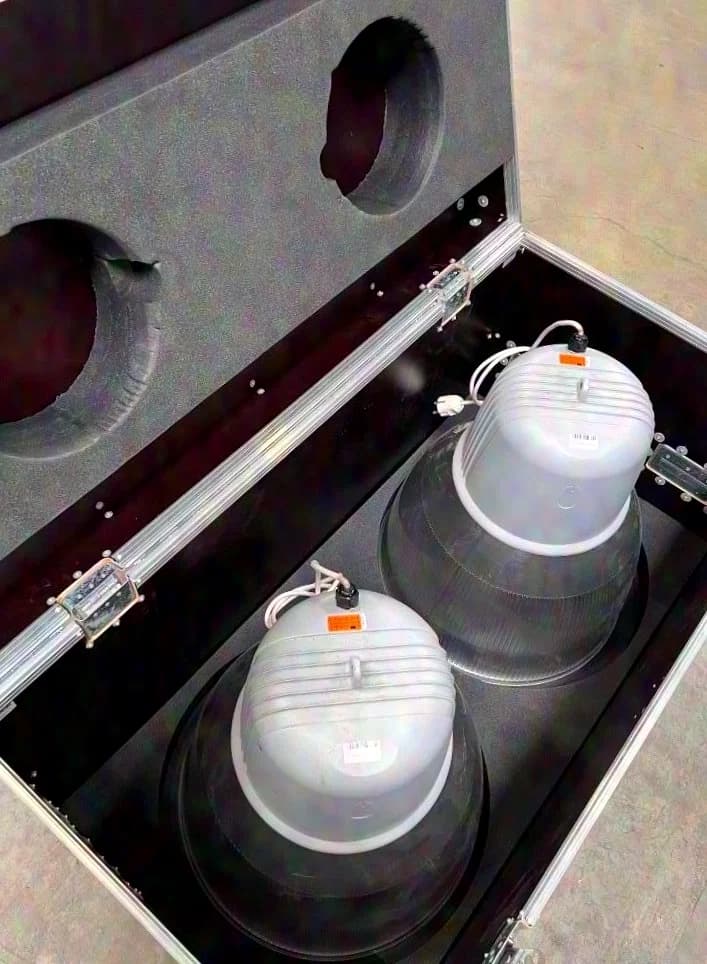 2x Dome 500 pendant lights industrial design high-bay lights incl. professional flight case