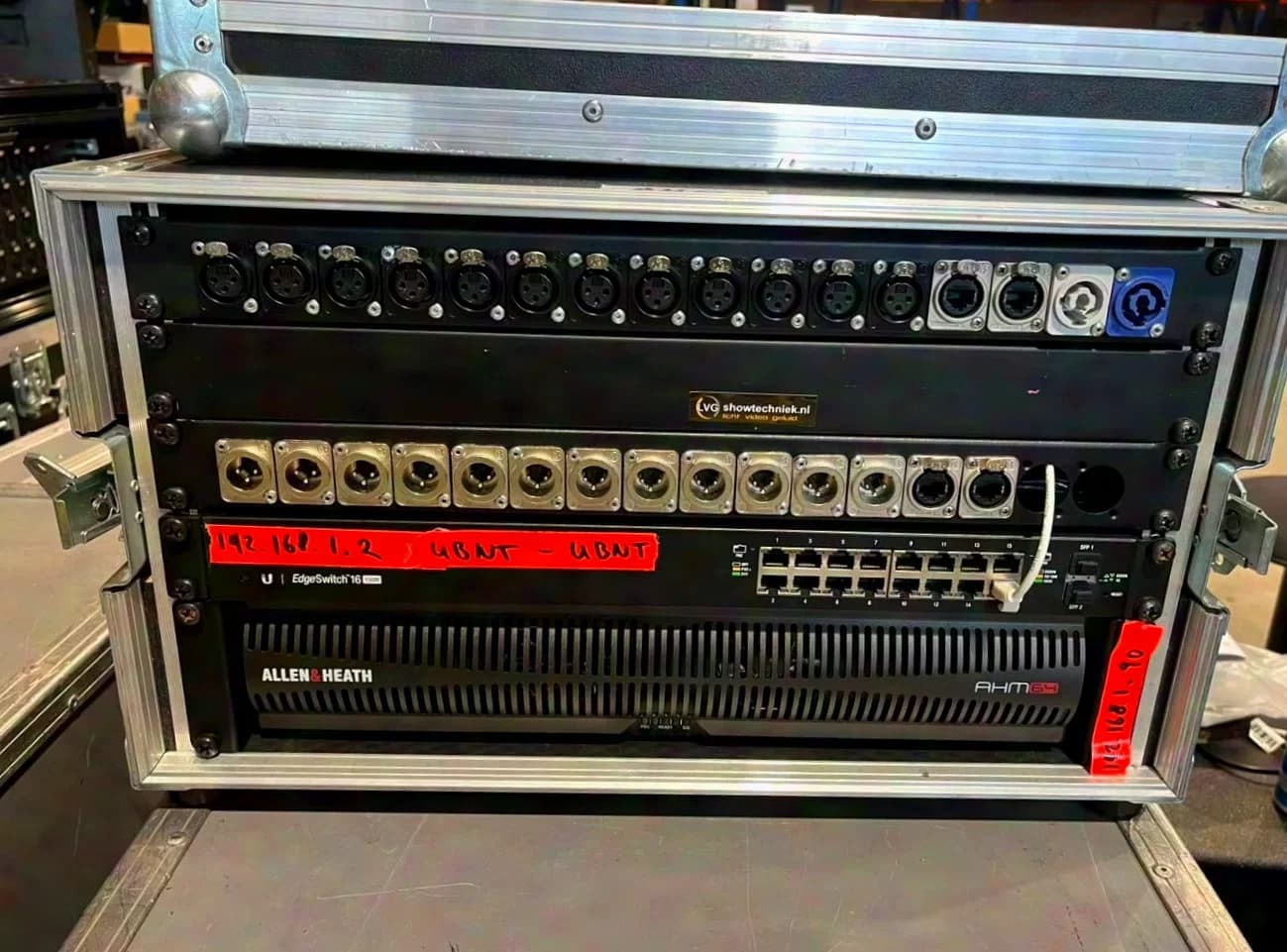 Allen & Heath AHM64 Audio Processor including network switch, patch panel and flight case.