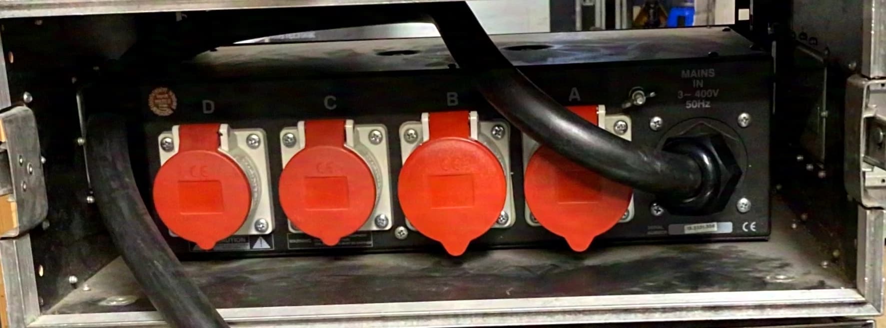 CEE 63A power distributor, IN: CEE 63A, OUT: 4x CEE 16A, RCDs, circuit breakers GLP PDP-3/DF163-16