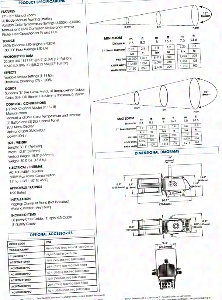 Elation DW Profile, LED Profile Spotlight, 250W, 17°-27°