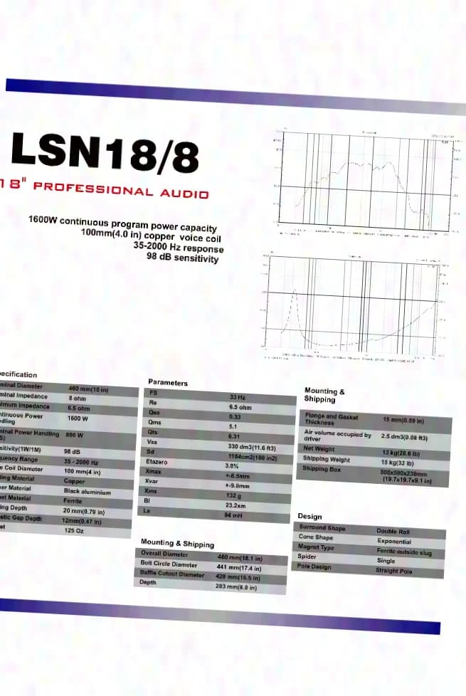Master Audio LSN18/8 4 or 8 Ohm 18" 18 inch 800 w RMS cast basket PA woofer bass chassis speaker