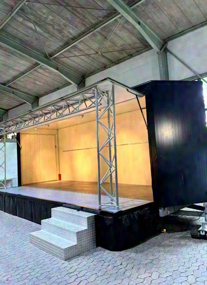 Mobile musician and event stage box trailer, opens on one side