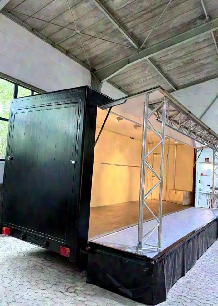 Mobile musician and event stage box trailer, opens on one side