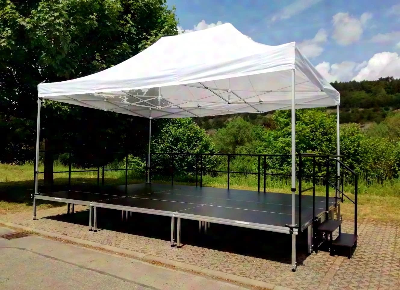 Complete platform stage 24 sqm with 6 x 4m pop-up tent canopy