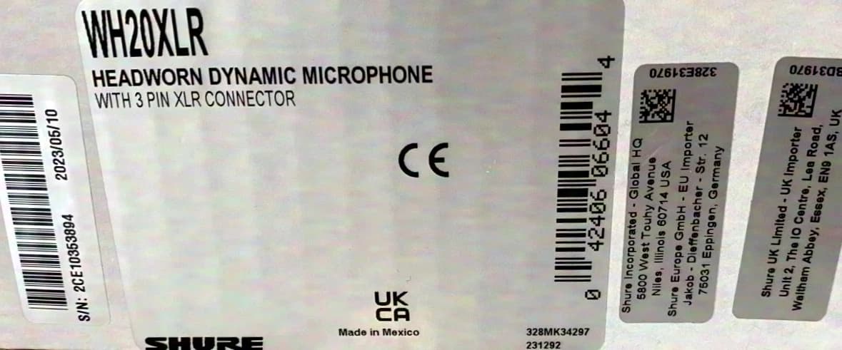 SHURE WH20-XLR / WH20XPR Headset Microphone with XLR Plug - New