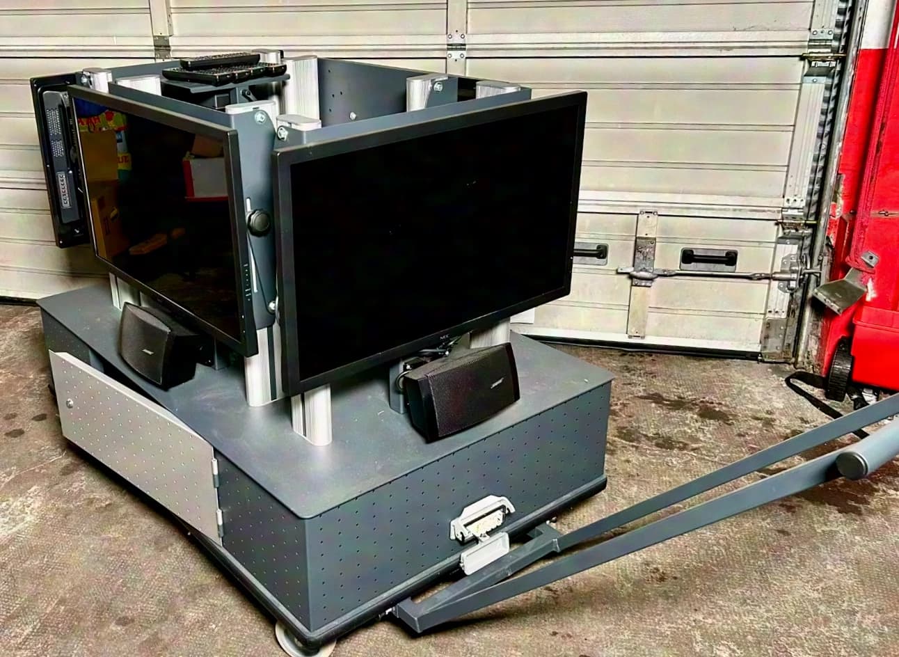 Custom-built fourfold video trolley, televisions with speakers and camera mount, heavy-duty