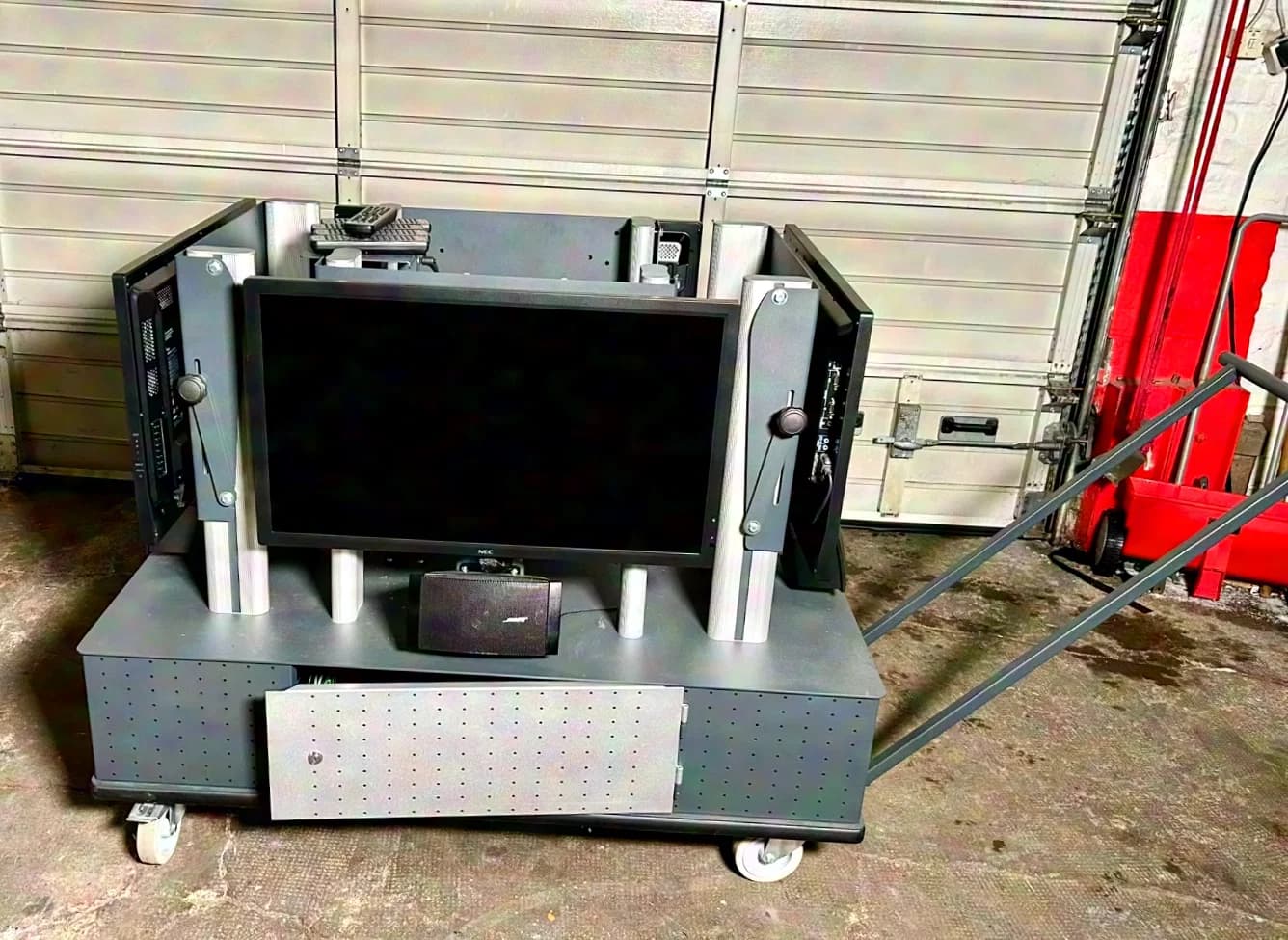 Custom-built fourfold video trolley, televisions with speakers and camera mount, heavy-duty