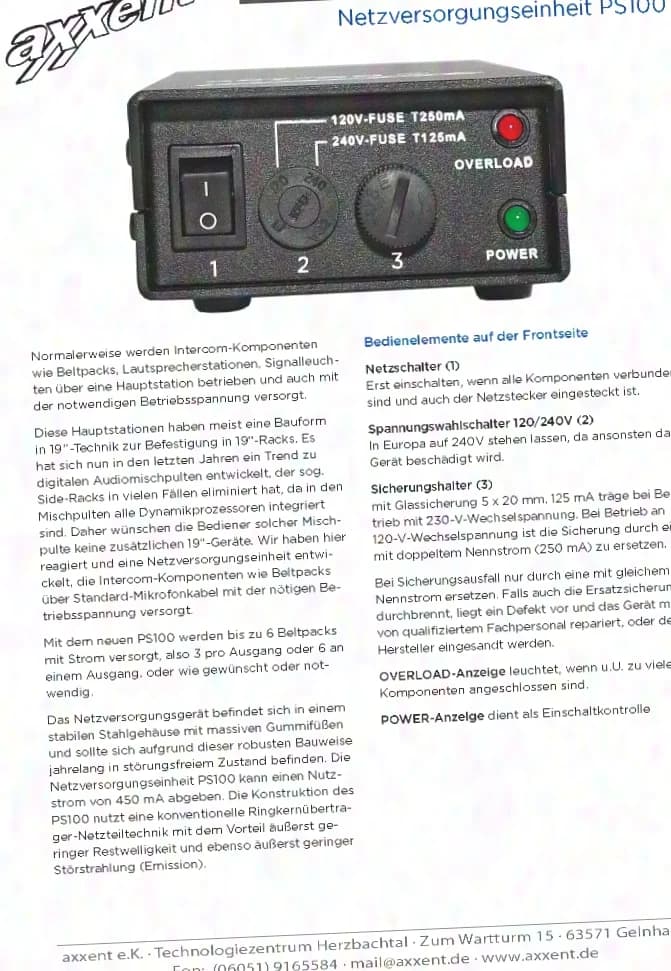 axxent PS100 Power supply unit for Partyline intercom components